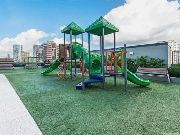 a view of a park with slide