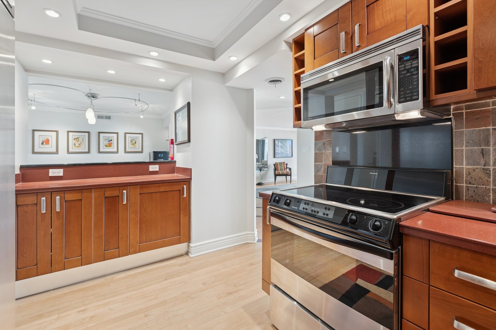 1212 North Lake Shore Drive, Unit 16BS Chicago, IL 60610 - Photo 13 of 26 a kitchen with stainless steel appliances granite countertop a stove and a microwave