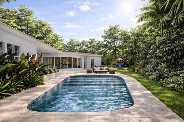 swimming pool view with a seating space