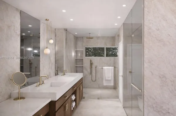a bathroom with a double vanity sink and a mirror