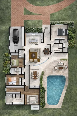 an aerial view of a house with swimming pool