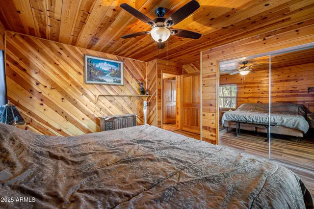 a bedroom with a bed and a walk in closet