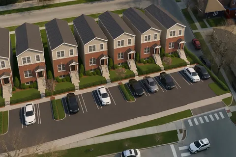 an aerial view of an buildings and street