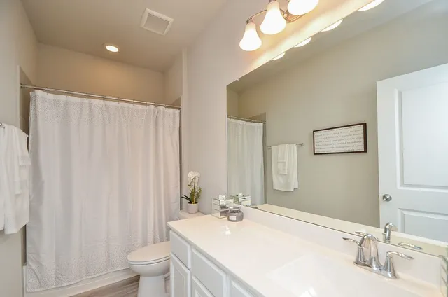 a bathroom with a double vanity sink toilet and a mirror