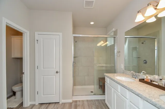 a bathroom with a granite countertop sink a toilet and shower