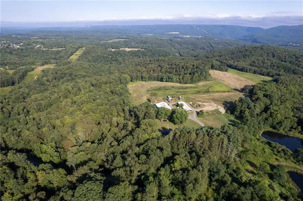 an aerial view of residential house with outdoor space and trees all around