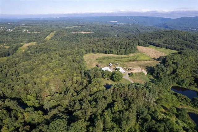 an aerial view of residential house with outdoor space and trees all around