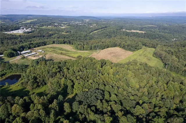 an aerial view of residential house with outdoor space and trees all around