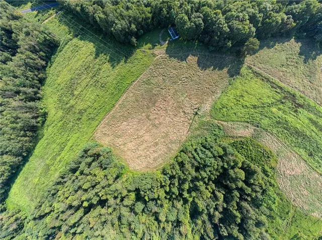 an aerial view of residential houses with outdoor space and trees