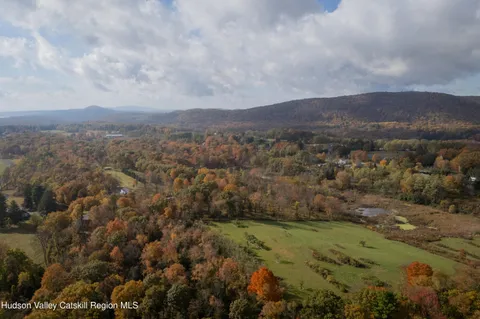 an aerial view of houses covered in trees