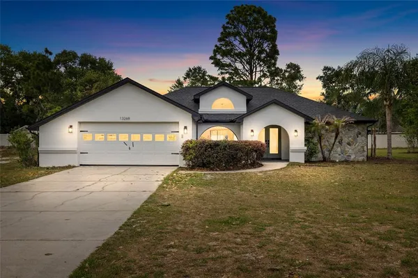 a view of a house with a yard and garage