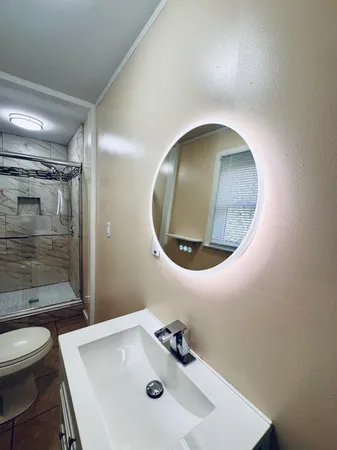 a bathroom with a sink mirror and toilet