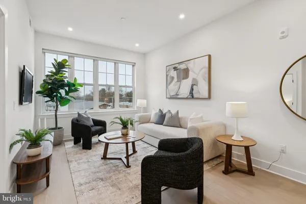 a living room with furniture and a potted plant