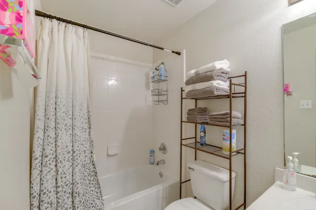 a bathroom with a shower and a toilet