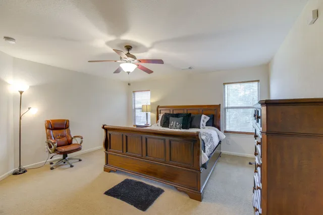 a bedroom with furniture and a ceiling fan
