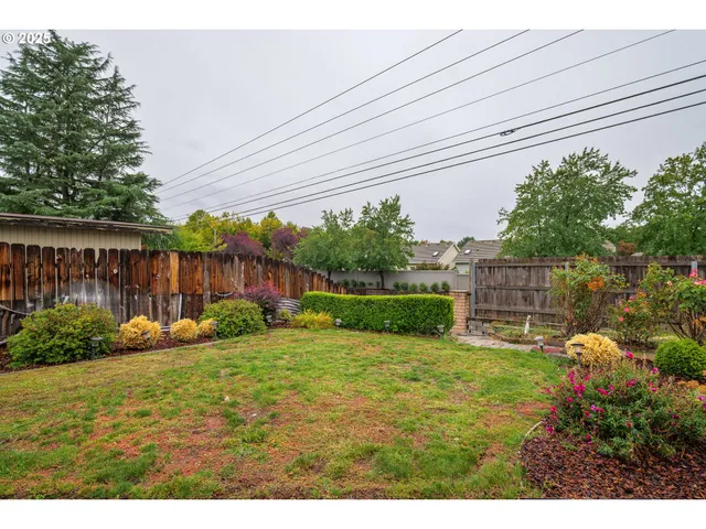 a backyard of a house with potted plants and large tree