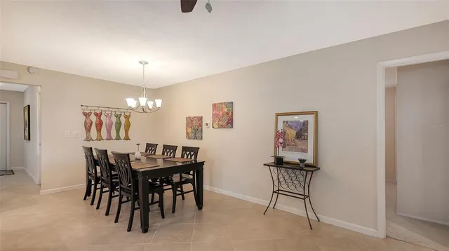 a view of a dining room with furniture