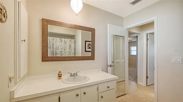 a bathroom with a sink and a mirror