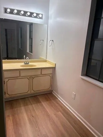 a bathroom with a sink and a mirror