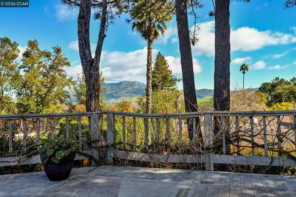 a view of a balcony with lake view and a potted plant