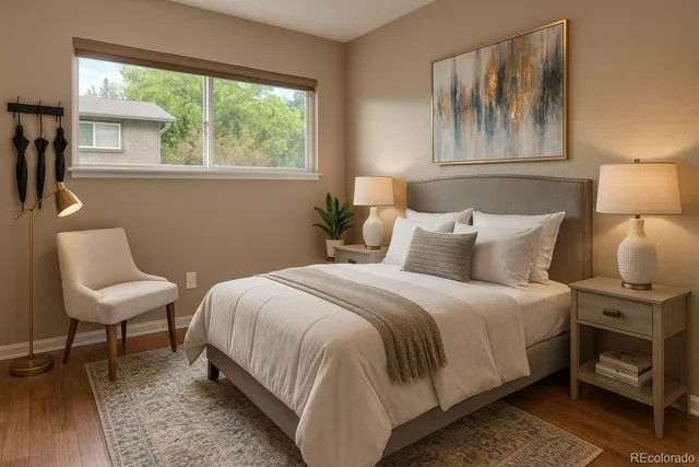 a bedroom with a bed and a painting on the wall