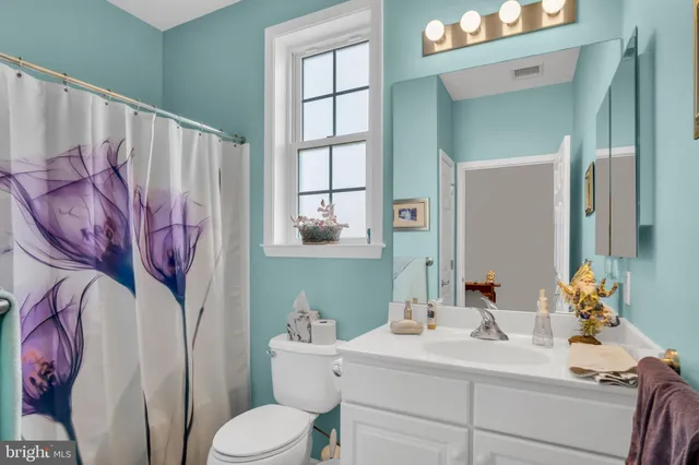 a bathroom with a sink vanity mirror and toilet