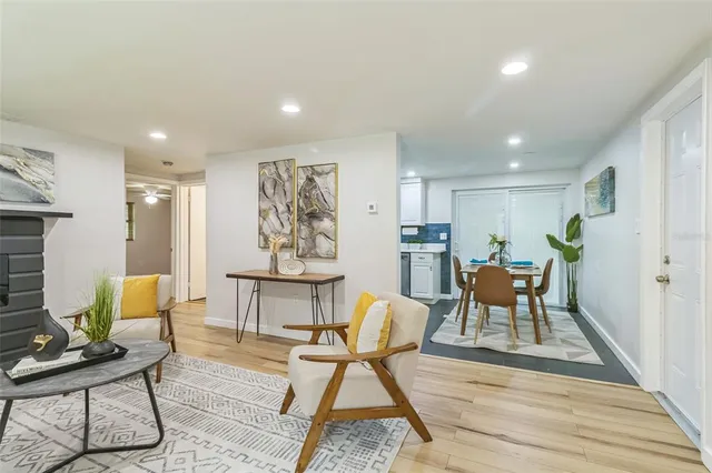 a workspace with furniture and wooden floor