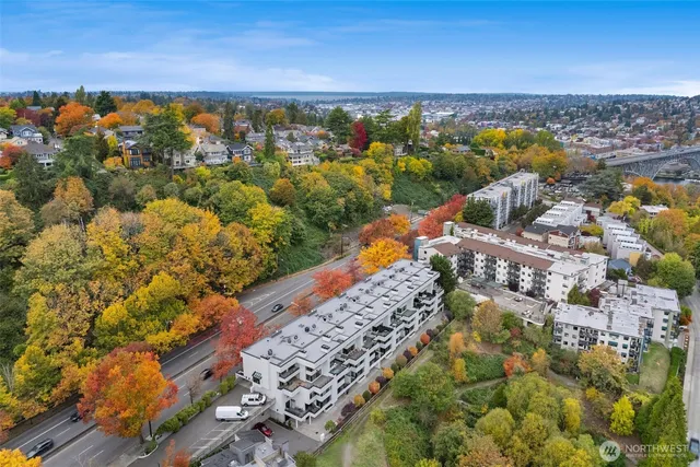 an aerial view of beach and city