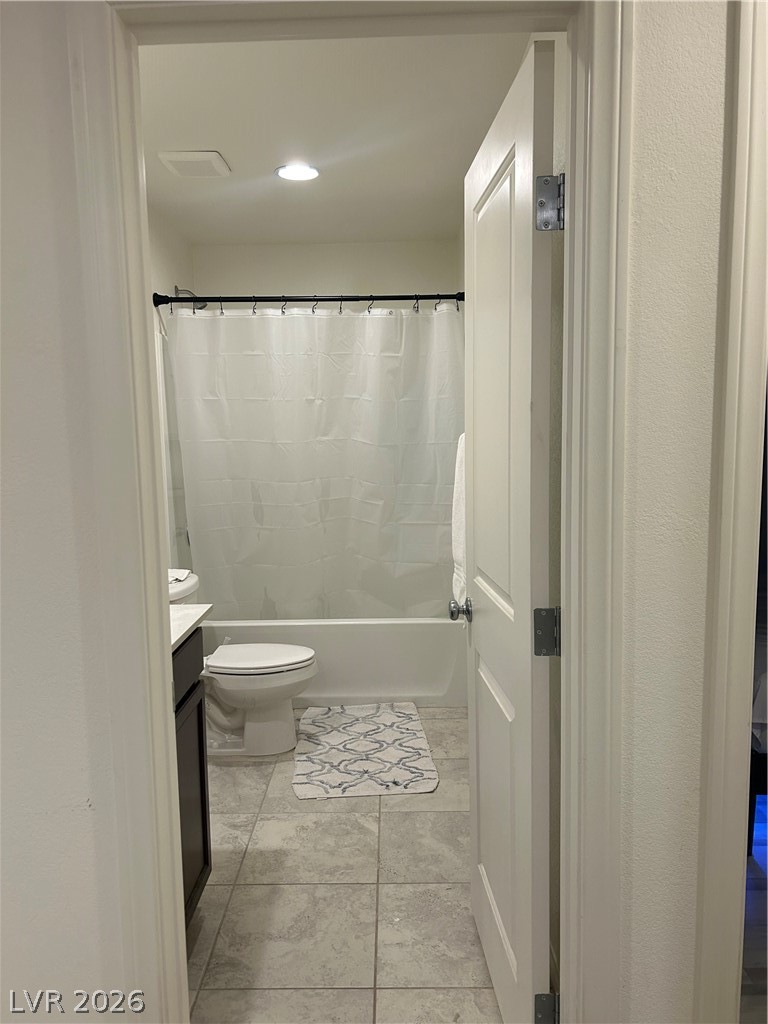 10638 Adobe Rnch Street Las Vegas, NV 89141 - Photo 33 of 35 Full bathroom featuring vanity, shower / tub combo with curtain, and recessed lighting