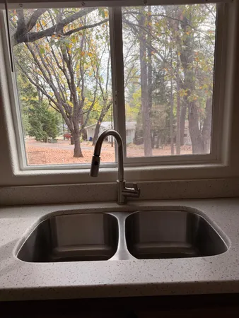 a view of a house with backyard and a tree