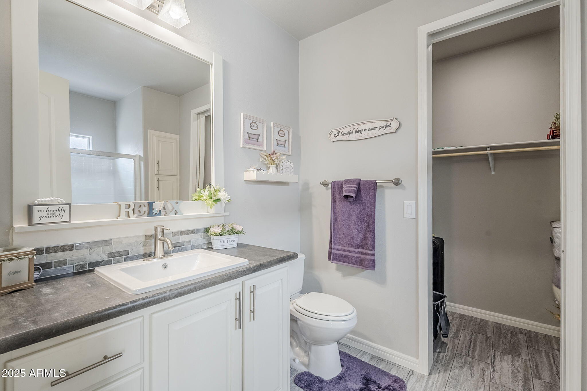 650 North Hawes Road, Unit 3215 Mesa, AZ 85207 - Photo 25 of 68 a bathroom with a granite countertop sink toilet and shower