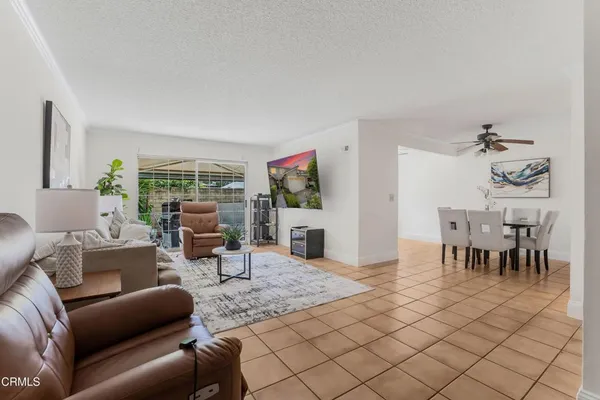 a living room with furniture potted plant and kitchen view