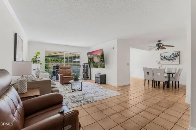 a living room with furniture potted plant and kitchen view