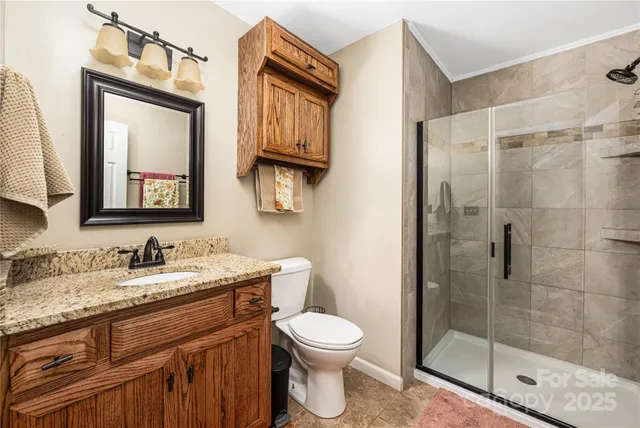 a bathroom with a toilet a sink a mirror and a shower