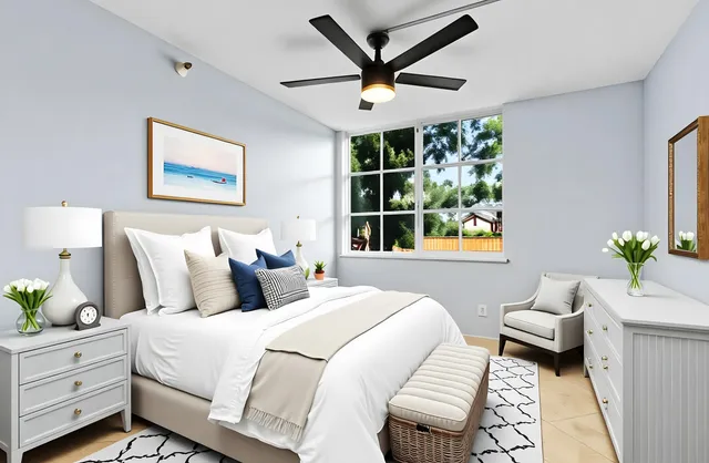 an empty room with a window and a fan