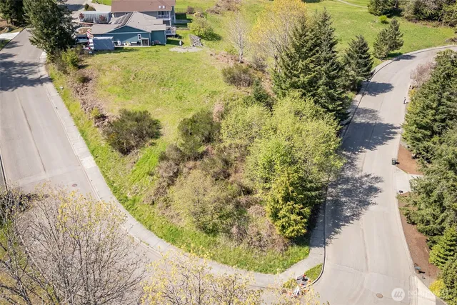 a view of a lake with a flower garden