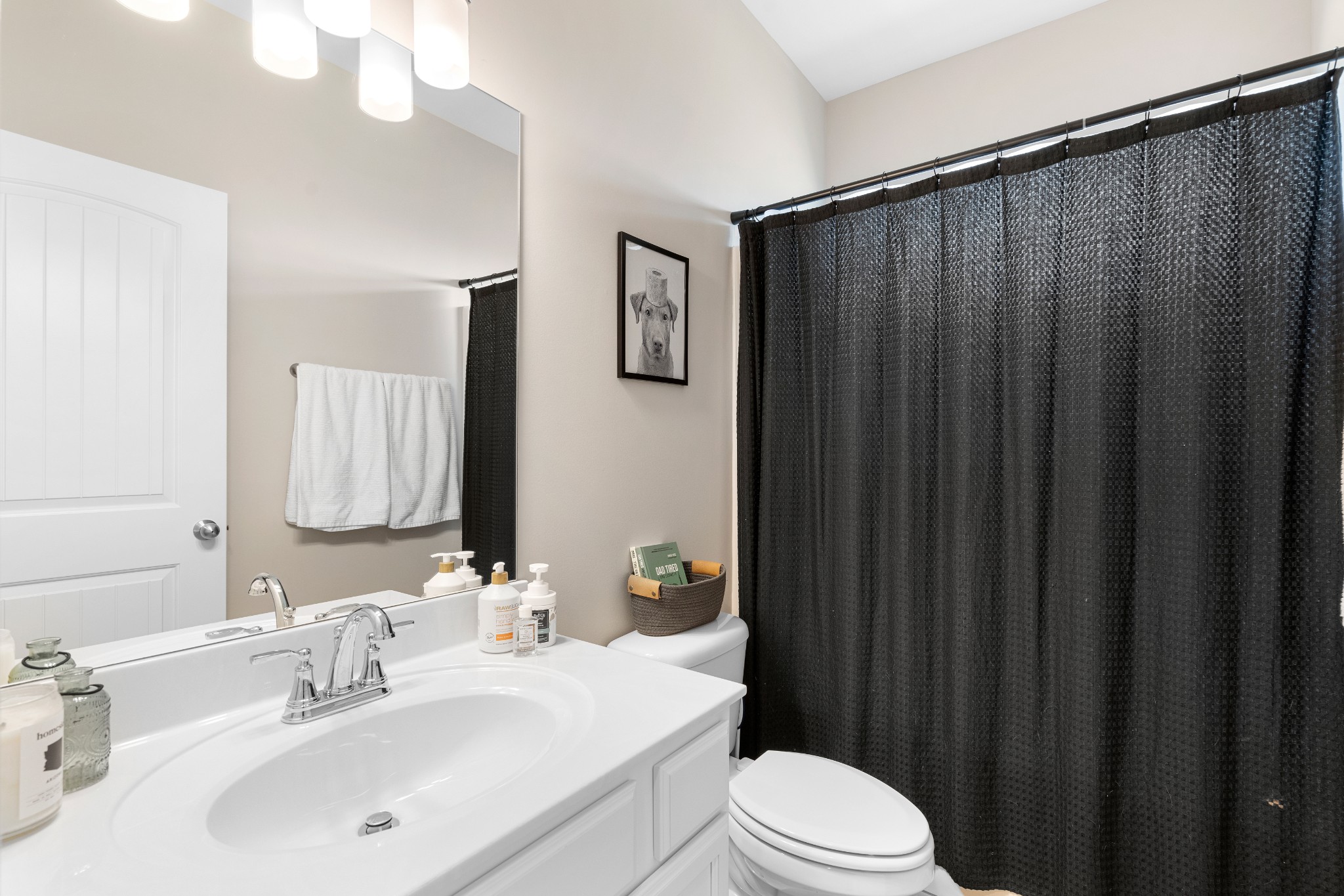 284 Thorpe Drive Spring Hill, TN 37174 - Photo 23 of 34 a bathroom with a sink a toilet a mirror and shower curtain