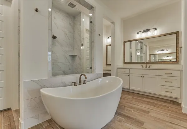 a bathroom with a bathtub a sink and a mirror