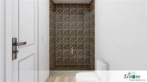 a bathroom with a shower curtain