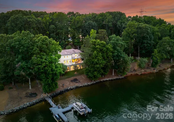 a view of a lake with boats and trees in the background