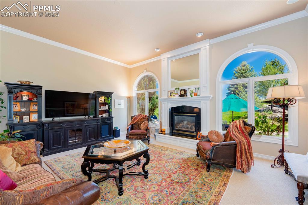 8760 Ridgepointe Drive Castle Pines, CO 80108 - Photo 14 of 50 a living room with furniture a flat screen tv and a fireplace