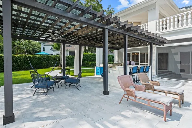 an aerial view of residential houses with yard and swimming pool