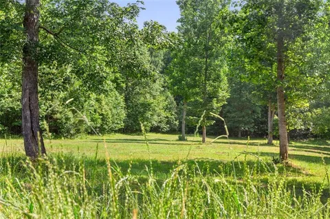 a view of a swimming pool with a yard and trees