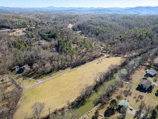 a view of a field with a mountain in the background