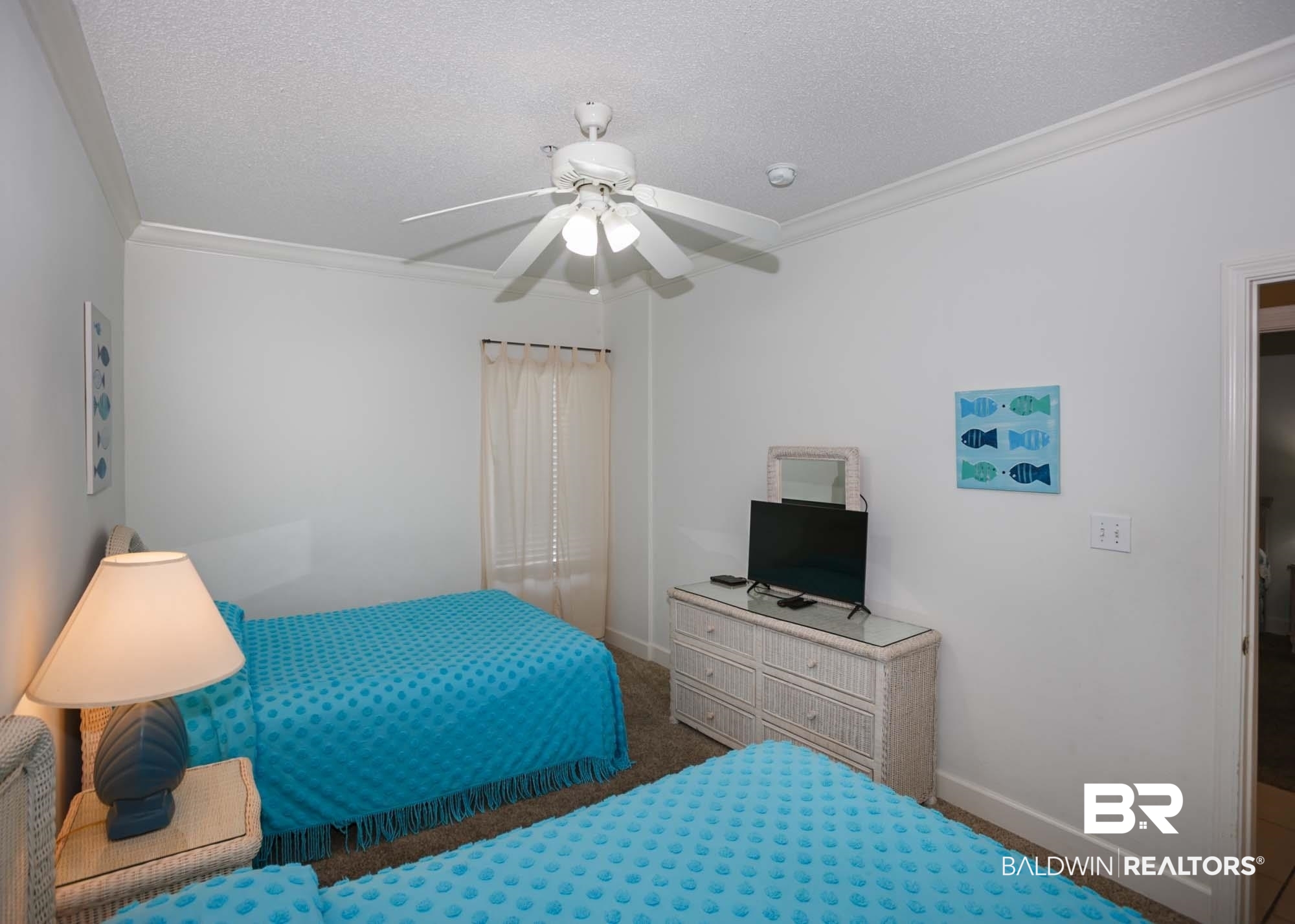 28910 Perdido Beach Boulevard, Unit 4B Orange Beach, AL 36561 - Photo 35 of 48 Carpeted bedroom featuring baseboards, a ceiling fan, ornamental molding, and a textured ceiling