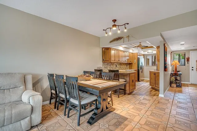 a view of a dining room with furniture