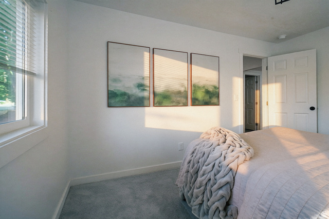 557 Cook Street Ogden, UT 84404 - Photo 10 of 17 Bright interior space featuring a window with white blinds, light gray wall-to-wall carpeting, and a white paneled door with a black doorknob