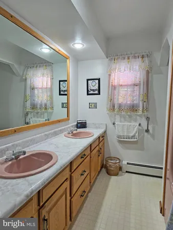 a bathroom with a sink double vanity and a shower