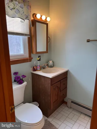 a bathroom with a sink vanity mirror and toilet