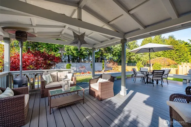 a view of a park with large trees